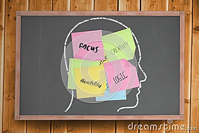 Chalk head with business attributes post it notes Stock Photo