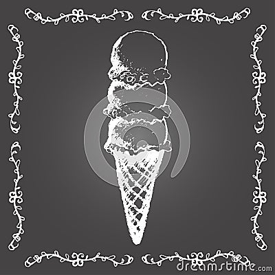 Chalk ice cream cone of three scoops in row. Vector Illustration