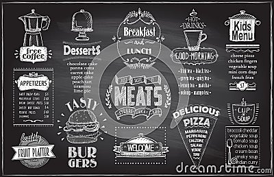 Chalk menu board design for cafe or restaurant, breakfast and lunch, fast food and pizza, meats menu, burgers, appetizers Vector Illustration