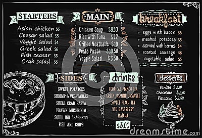 Chalk menu board, vector sketch chalkboard template for cafe or restaurant with starters and main dishes Vector Illustration