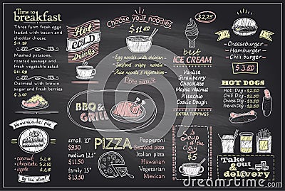 Chalk menu list blackboard design for cafe or restaurant Vector Illustration