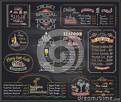 Chalk menu list blackboard designs set for cafe or restaurant Vector Illustration