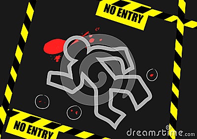 Chalk outline of dead body blood and no entry label on Vector Illustration