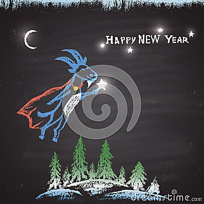 Chalk painted colored illustration with flying goat, Christmas trees, bright stars, moon and text. Happy New Year Theme. Vector Illustration