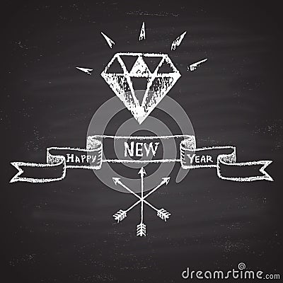 Chalk painted illustration with bright diamond, crossed arrows, ''happy new year'' text and ribbon. Happy New Year Theme. Vector Illustration