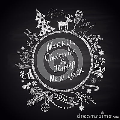 Chalk painted illustration with Christmas ball, ''Merry Christmas & Happy New Year'' text and set of different holiday elements. Vector Illustration