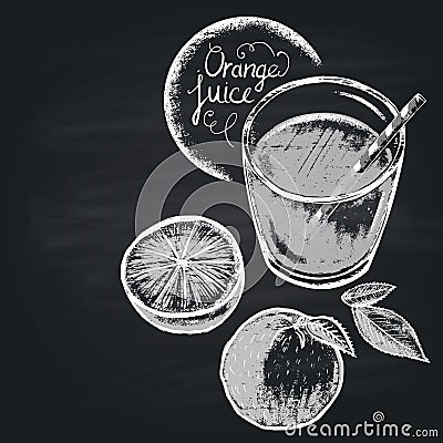 Chalk painted illustration of full glass with orange juice. Healthy nutrition. Vector Illustration