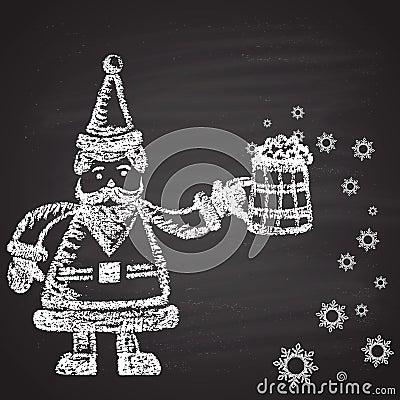 Chalk painted illustration of Santa with full mug of beer with snowflakes. Happy New Year theme. Vector Illustration