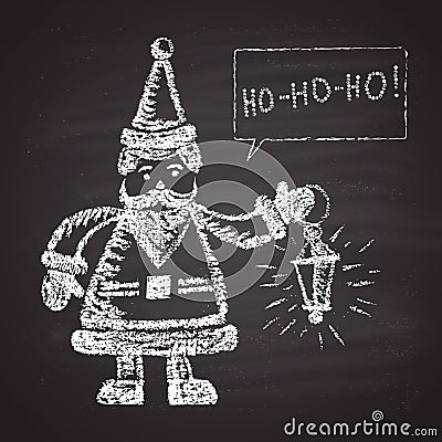 Chalk painted illustration of Santa with lamp and 'ho-ho-ho' text. Happy New Year theme. Vector Illustration