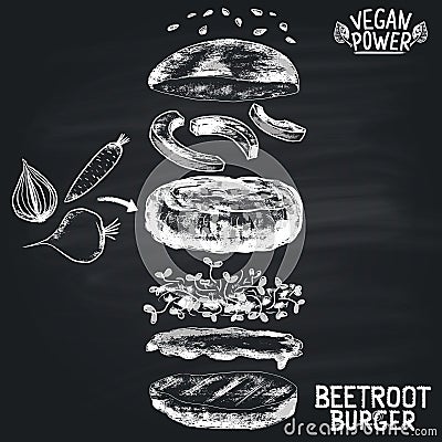 Chalk painted illustration of vegan Beetroot burger ingredients. Burger menu theme. Cartoon Illustration