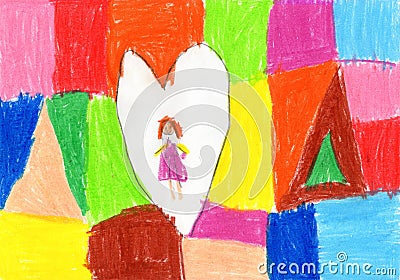 Chalk pastel drawing of a girl inside heart surrounded by abstract colorful background made of geometric figures Stock Photo