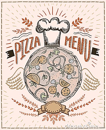 Chalk pizza menu, big pepperoni pizza as cook chef with wings Vector Illustration