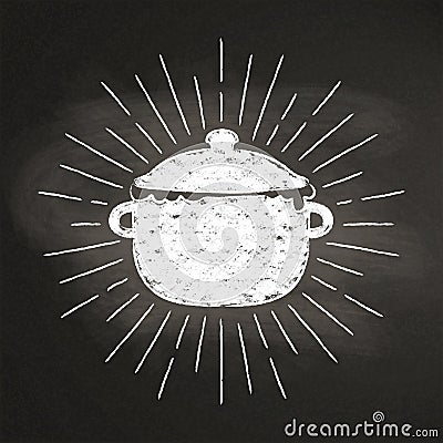 Chalk silhoutte of boiling pot with vintage sun rays on blackboard. Vector Illustration