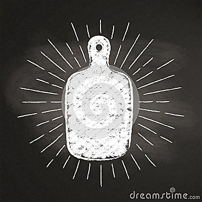 Chalk silhoutte of cutting board with vintage sun rays on blackboard. Vector Illustration