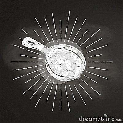 Chalk silhoutte of a pan with vintage sun rays on blackboard. Vector Illustration