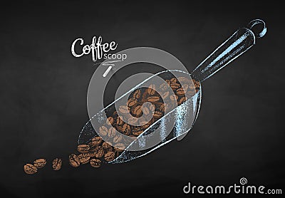 Chalk sketch of coffee scoop with beans Vector Illustration