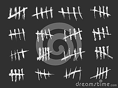 Chalk tally marks. Blackboard drawn grunge charcoal strokes, doodle style crossed out scratches, monochrome white days Vector Illustration