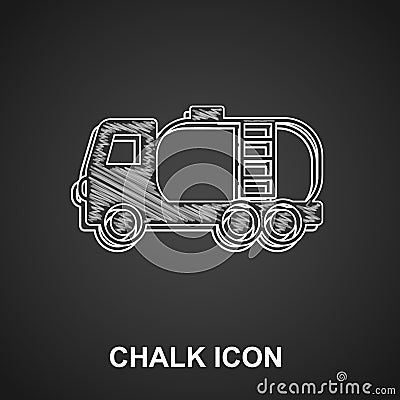 Chalk Tanker truck icon isolated on black background. Petroleum tanker, petrol truck, cistern, oil trailer. Vector Stock Photo