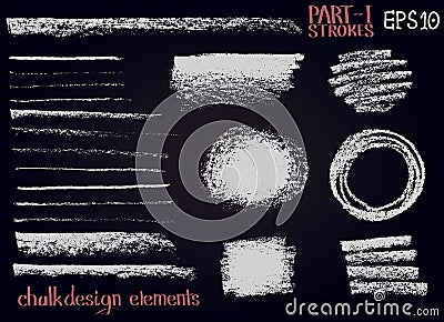 Chalk texture design elements Lines, stripes, strokes, round and rectangle shapes, frames on black board. Vector Illustration