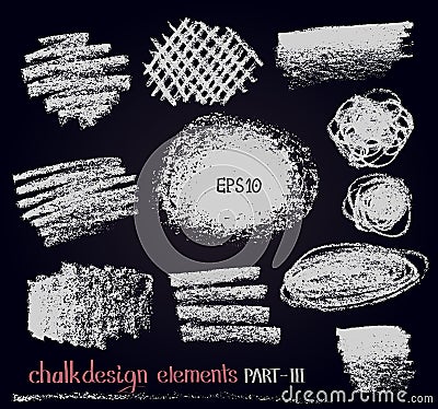 Chalk texture design elements. Set of vector chalk lines, stripes, strokes, round and rectangle shapes. Vector Illustration