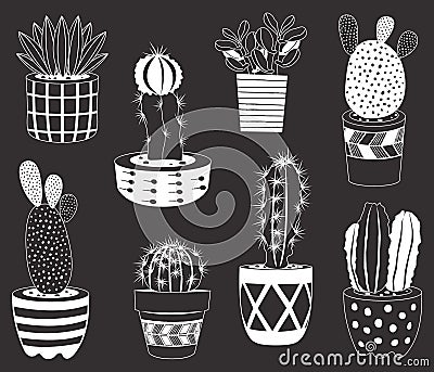 Chalkboard Cactuses Potted Plants Elements Vector Illustration