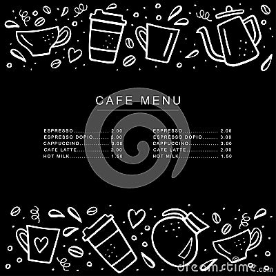 Chalkboard cafe menu with coffee cups and coffee pods in doodle style. Handdrawn vector illustration. Vector Illustration