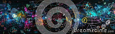 Chalkboard Chaos: A colorful, messy chalkboard background with scribbles, doodles, and equations Stock Photo