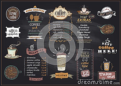 Chalkboard coffee and desserts menu list designs set for cafe or restaurant Vector Illustration