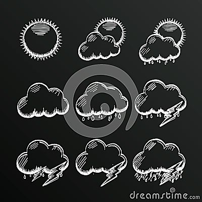 Chalkboard collection clouds icon, sketch cloud and sun Vector Illustration