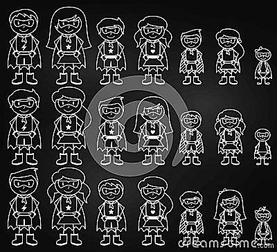 Chalkboard Collection of Diverse Stick Figure Superheroes or Superhero Families Vector Illustration