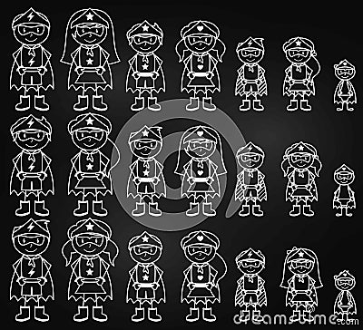 Chalkboard Collection of Diverse Stick Figure Superheroes or Superhero Families Vector Illustration