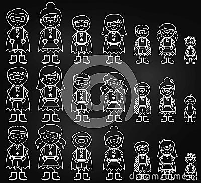 Chalkboard Collection of Diverse Stick Figure Superheroes or Superhero Families Vector Illustration