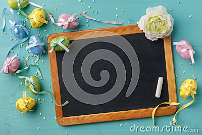 Chalkboard and easter decoration Stock Photo