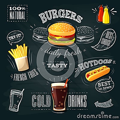 Chalkboard fastfood ADs - hamburger, french fries and hotdog. Vector Illustration