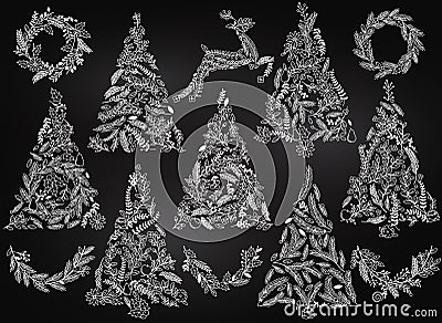 Chalkboard Floral or Botanical Christmas Trees, Wreaths, Bunting Vector Illustration