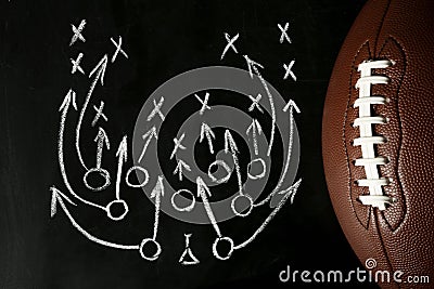 Chalkboard with football game scheme and rugby ball Stock Photo