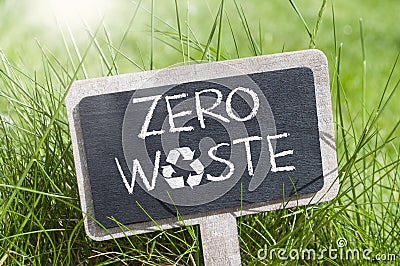 Chalkboard in the green grass with zero waste and recycling logo Stock Photo