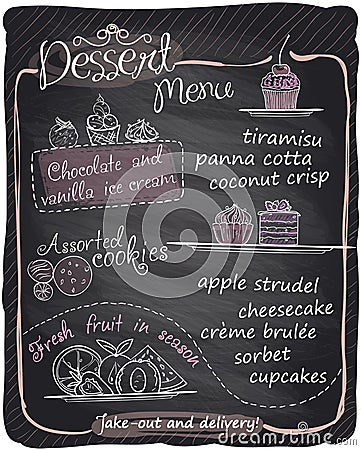 Chalkboard hand drawn dessert menu. Vector Illustration