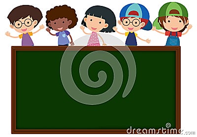 Chalkboard with happy children in background Cartoon Illustration