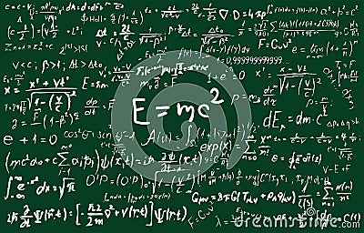 Blackboard inscribed with scientific formulas and calculations in physics and mathematics. Can illustrate scientific Vector Illustration