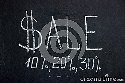 Chalkboard lettering SALE with dollar sign, discount percentages 10,20,30 and three dots Stock Photo