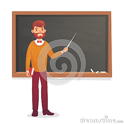 Chalkboard and professor. College or university teacher teach at blackboard. Academic teaching cartoon vector Vector Illustration