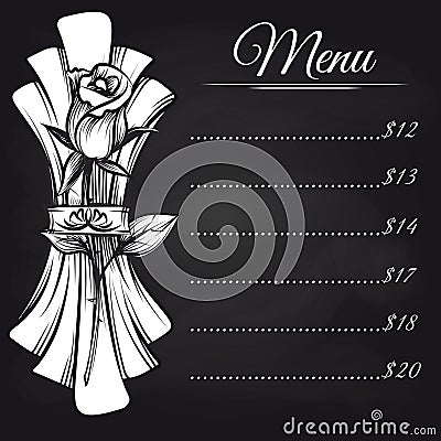 Chalkboard menu with napkin and rose Vector Illustration