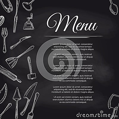 Chalkboard menu poster with kitchen utensils Vector Illustration