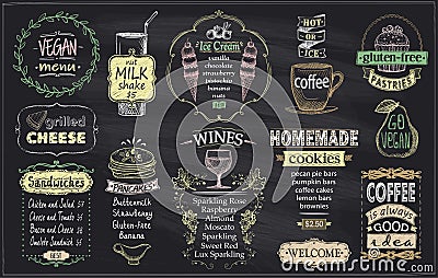 Chalkboard menu, vegan menu, gluten free menu, grilled cheese, sandwiches, pancakes, wines, homemade cookies, ice cream and coffee Vector Illustration