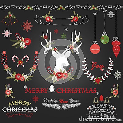 Chalkboard Merry Christmas Flowers. Deer, Rustic Christmas Wreath, Christmas Collections Vector Illustration