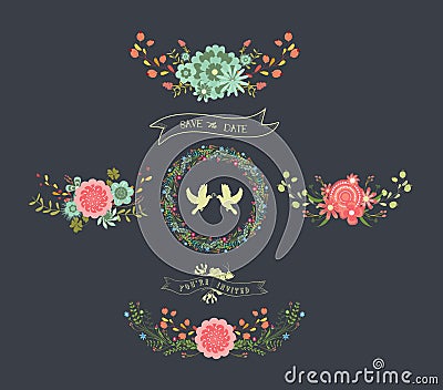 Chalkboard Natural Floral Wreaths Vector Illustration