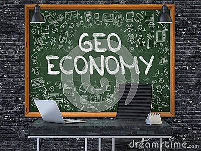 Chalkboard on the Office Wall with Geo Economy Concept. 3D. Stock Photo