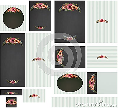 Chalkboard poppies border and stripes wedding invitation set 1 Stock Photo