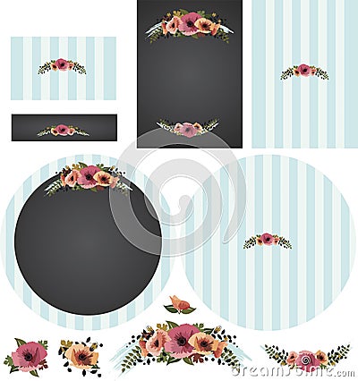 Chalkboard poppies with striped backing in cyan invitation set 2 Stock Photo